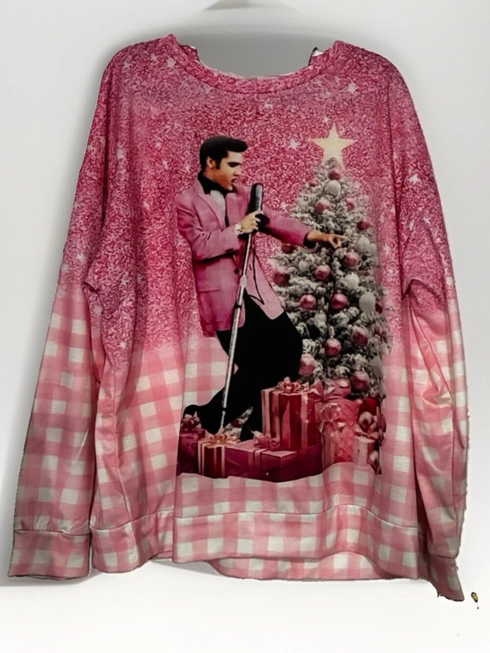 Elvis Presley Christmas LS Sweatshirt Womens 2XL Pink Plaid Holiday Pullover
